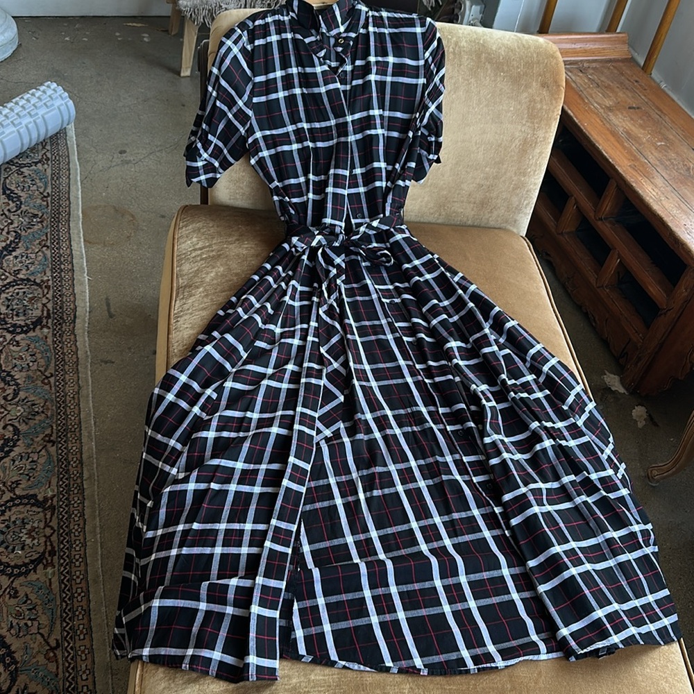 Light fabric Checker A Line Button down Dress short sleeve Casual Desk to Dinner